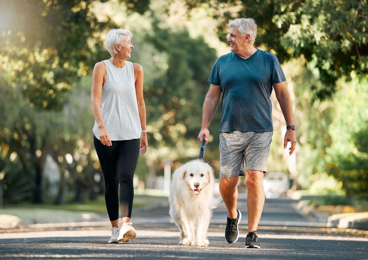 Older couple walking through park with dog on leash